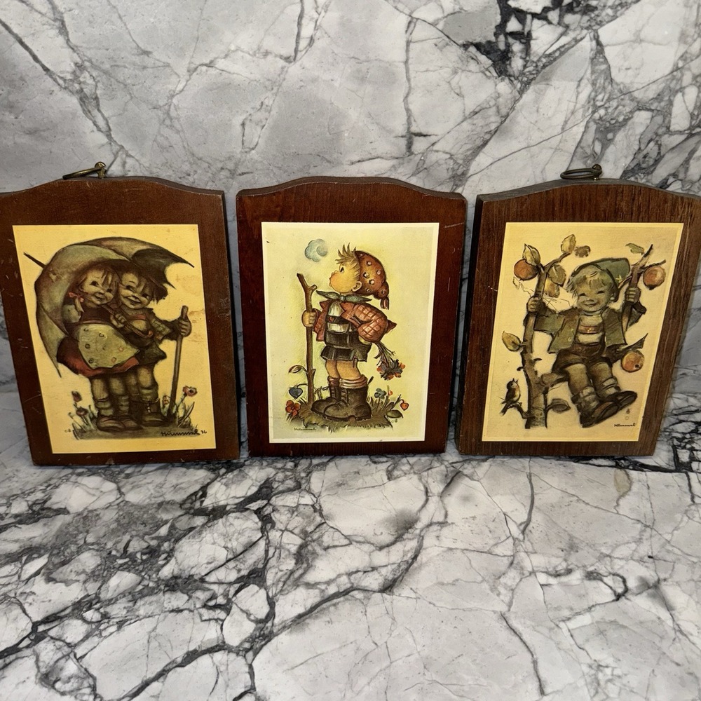 Vintage Evans Hummel Wood Plaques Wall Hangings, Lot of 3